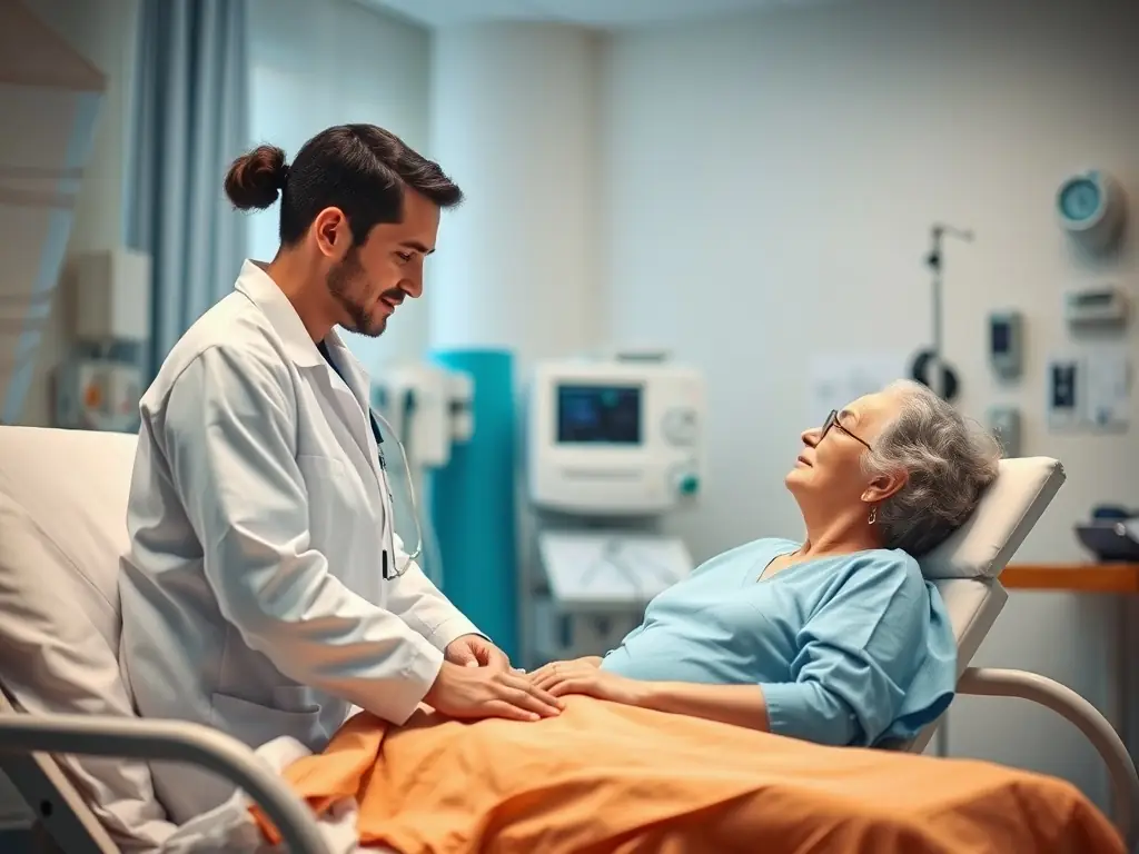 An image of volunteers engaging with patients and families in a warm, supportive setting within the hospital. The image should capture the compassion and dedication of the volunteers as they interact with patients and their loved ones.