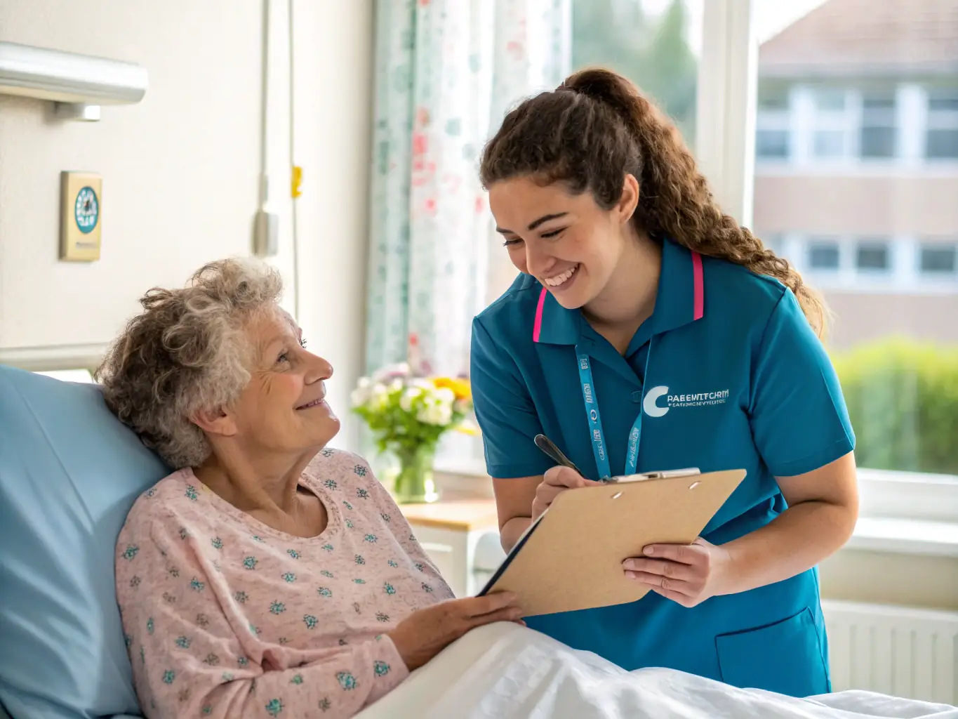 A heartwarming scene of volunteers interacting with patients and their families, providing comfort and support. The image captures the essence of the organization's patient and family support initiatives.