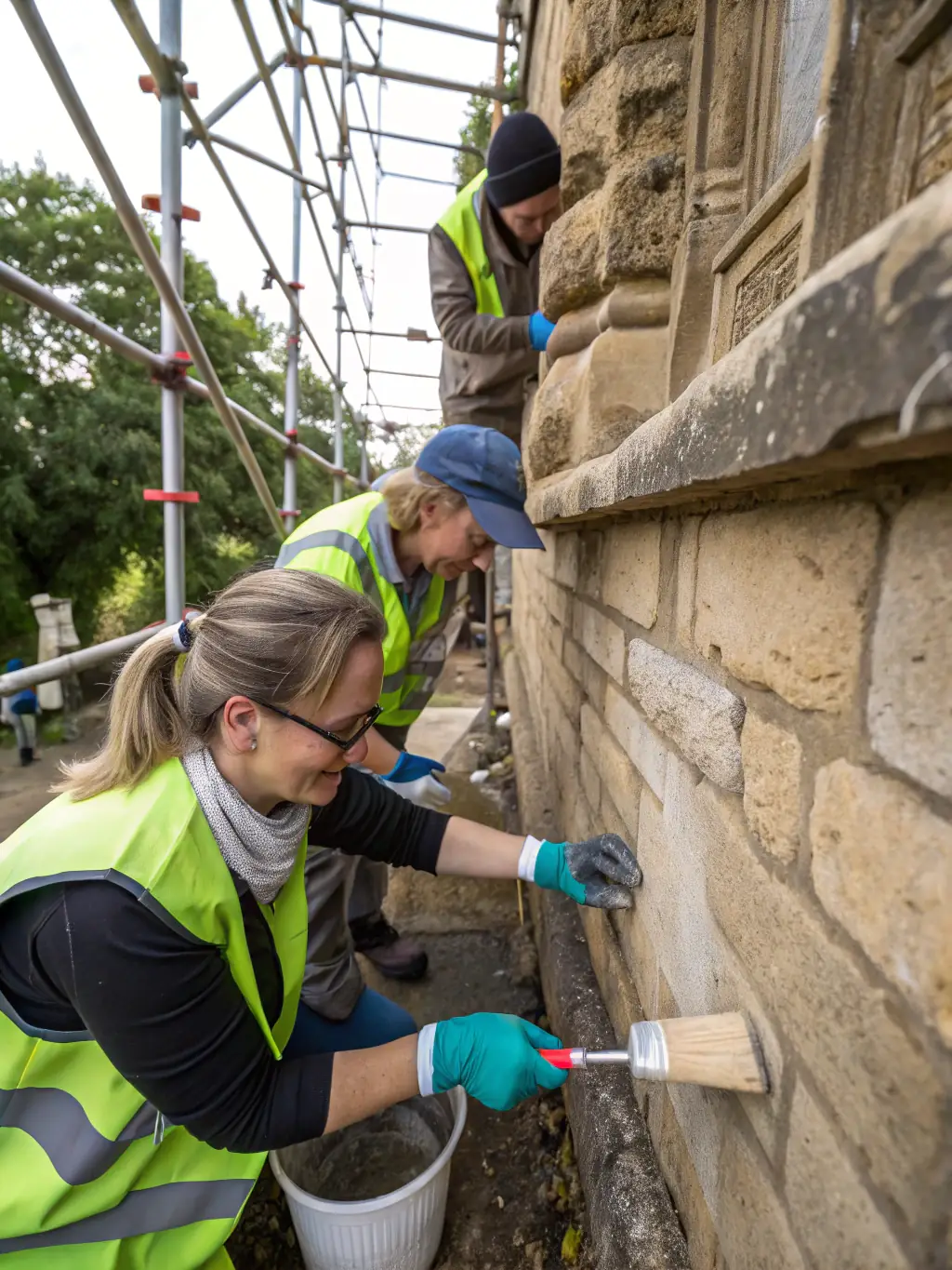 A photograph of volunteers restoring a historical section of the Marius Lacroix Hospital, focusing on architectural details and preservation efforts.