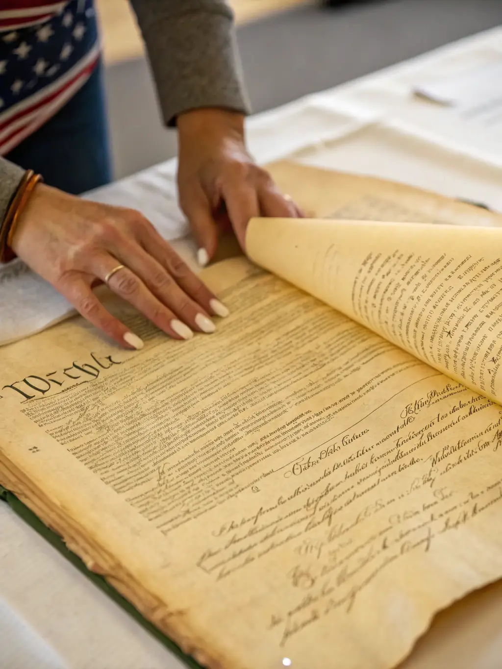 A photograph of a historical document being carefully archived by a volunteer, showcasing the dedication to preserving the hospital's history at LES AMIS DE L' HOPITAL MARIUS LACROIX.
