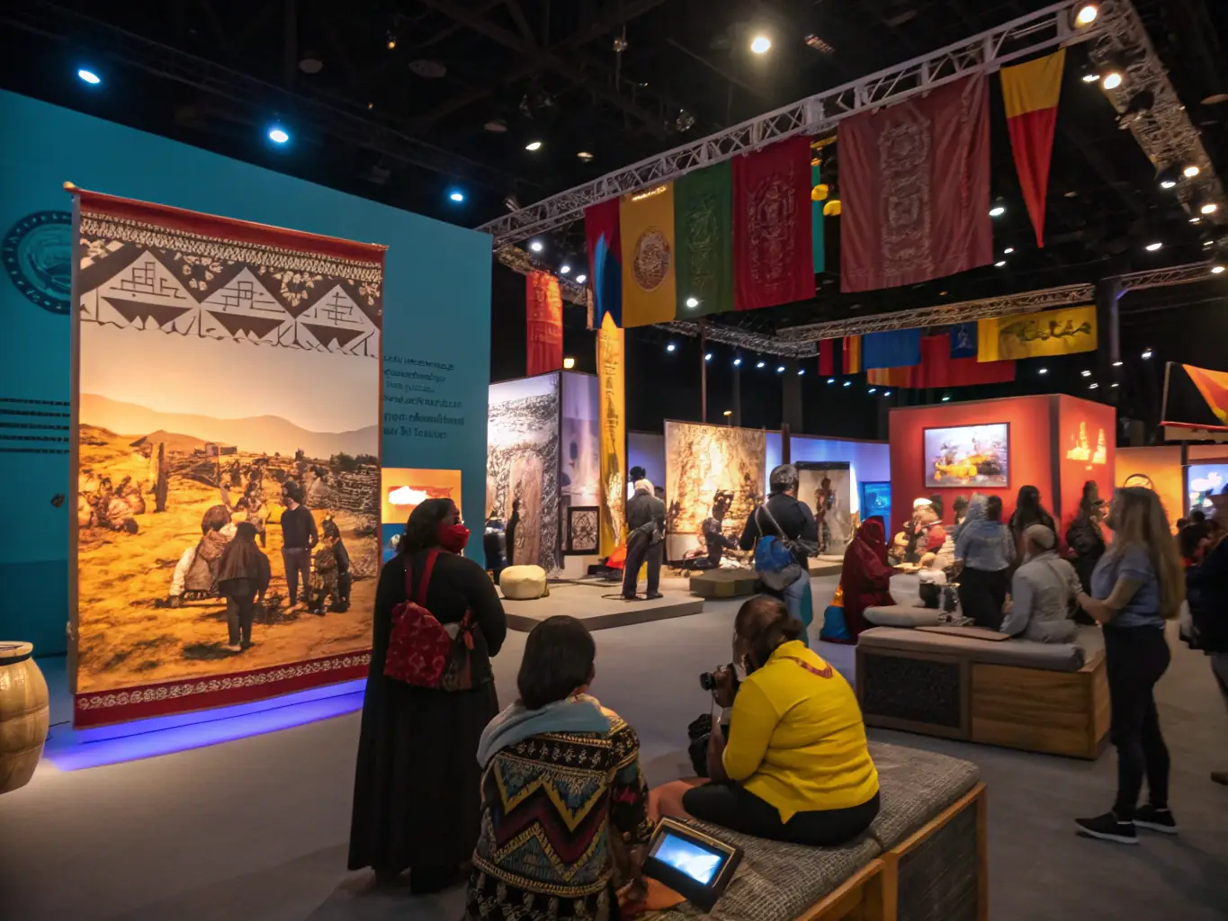A lively community event with attendees exploring exhibits and participating in workshops. The image should convey the excitement and engagement of the participants as they learn about the hospital’s history and ongoing projects.